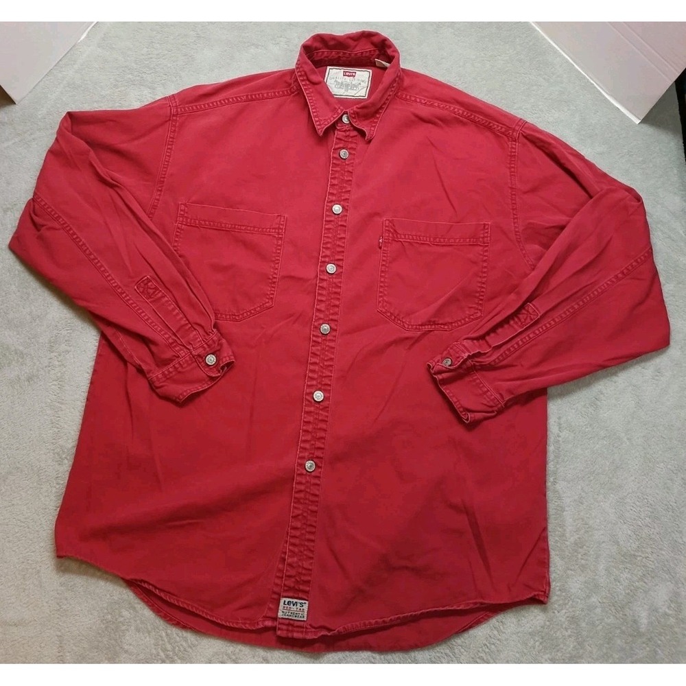 Vintage 90s Levis Shirt Mens Sz L Red Metal Button Long Sleeve Denim Pockets